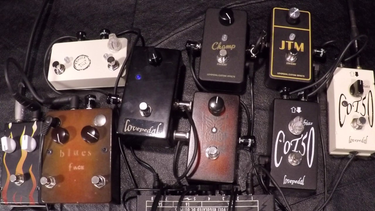 Box of Lovepedals - COT50, JTM, Champ, Burst Boost, Woodrow, Tchula, Blues Face, Flaming Bitch