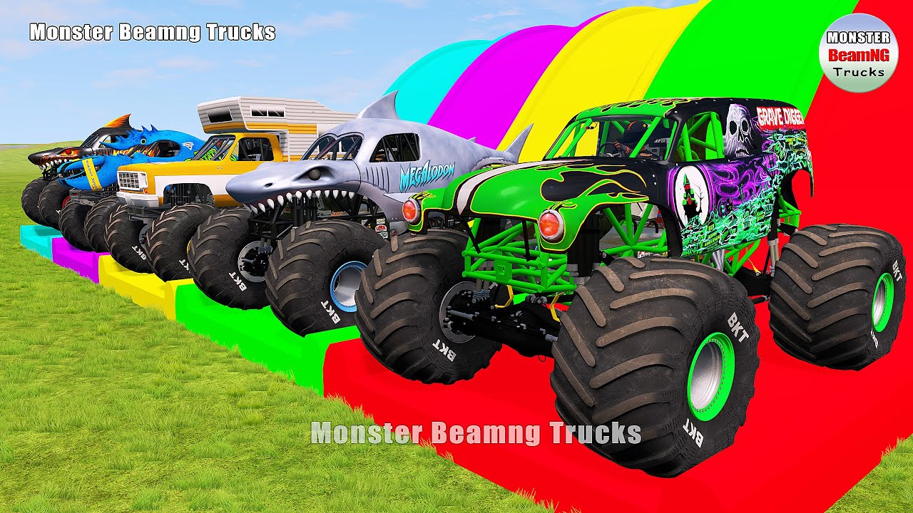 Triple Flatbed Trailer Monster Trucks Transport with Slide Color - BeamNG.drive 300