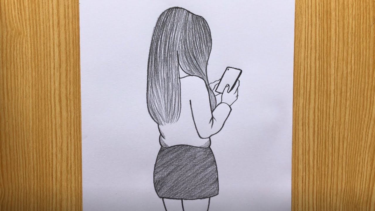 Cute Girl Back View with Phone | Easy Pencil Sketch 🥰 