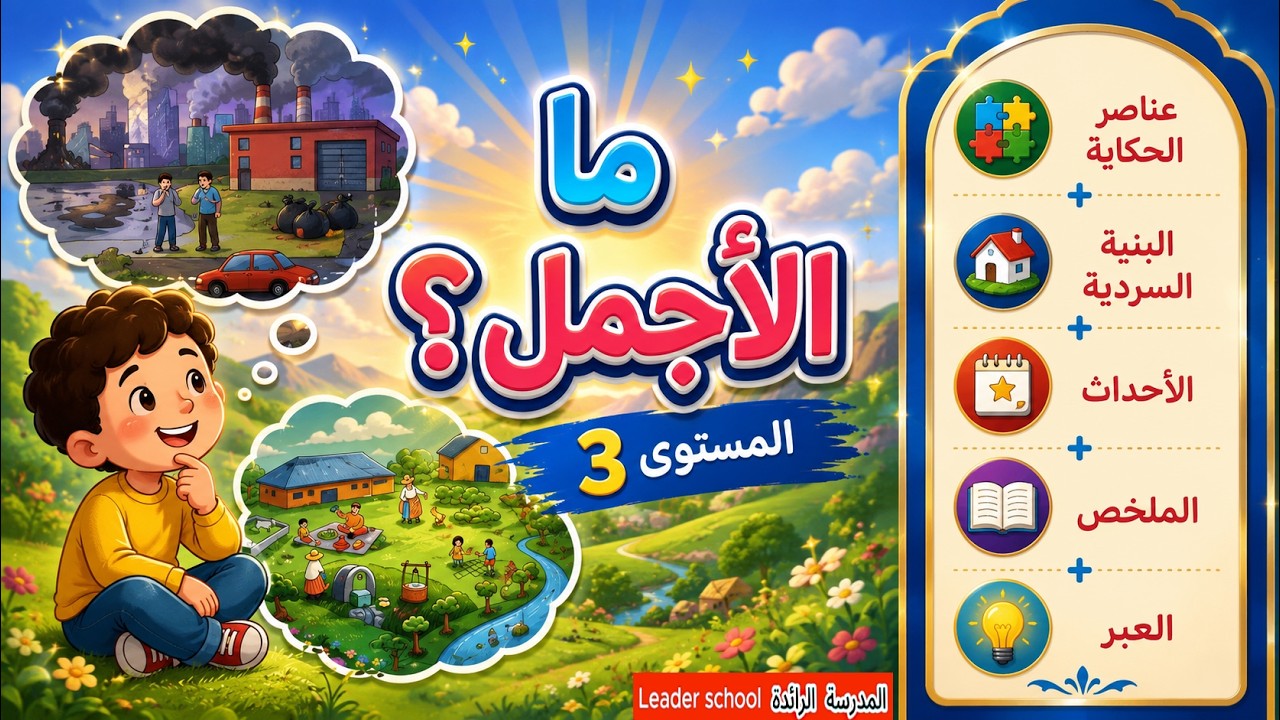 حكاية ما الأجمل ؟ (مكتوبة و مكررة) المستوى الثالث  البنية السردية + الملخص و العبر #المدرسة_الرائدة