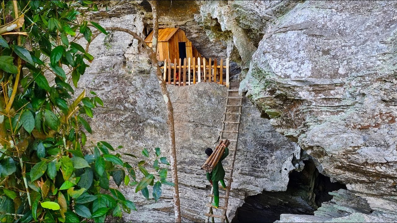 Building Complete Survival Bushcraft Shelter On High Cliff - Start To Finish / King Of Satyr