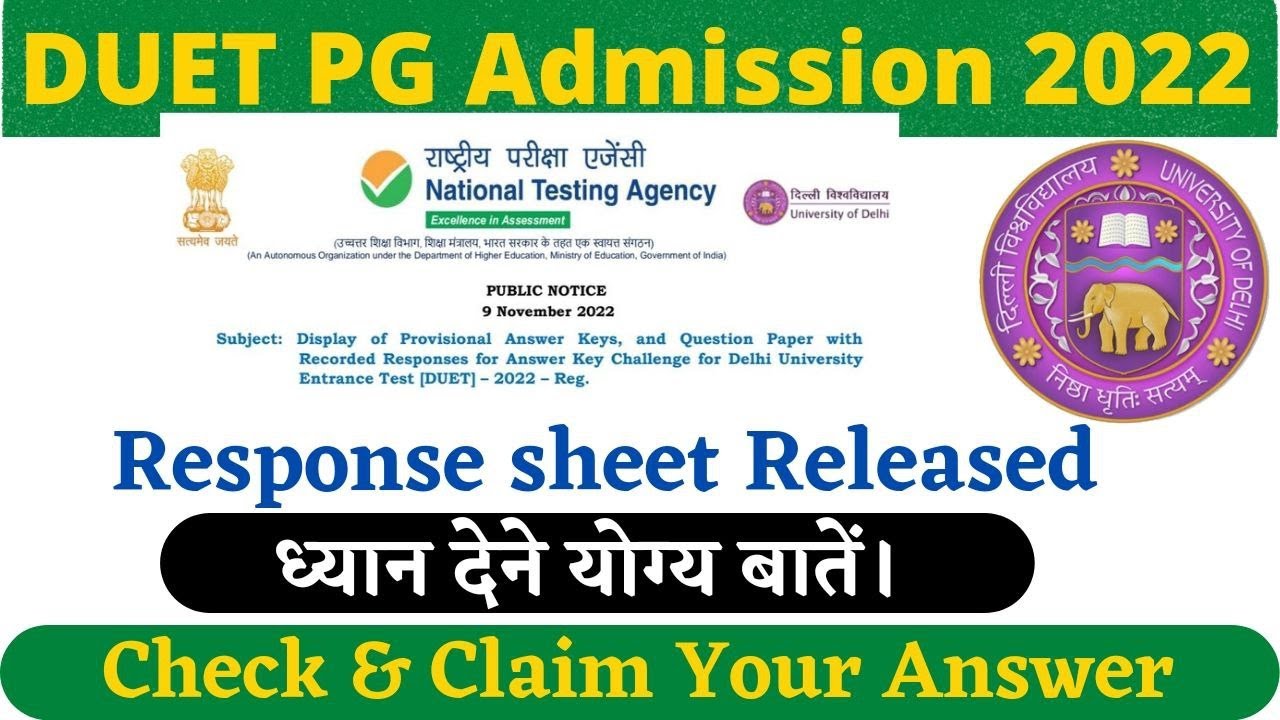 DUET PG Admission 2022 ,Response sheet , Score Card Delhi University Admission Duet pg cutoff