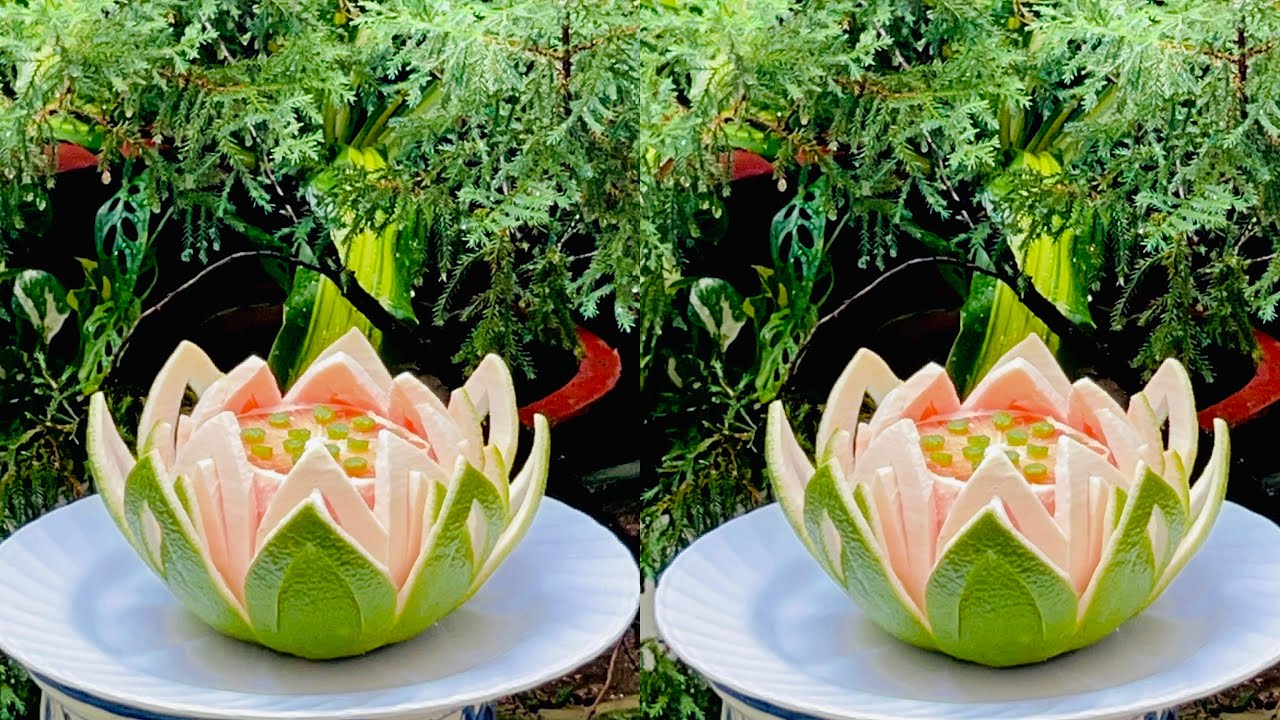 Cách cắt tỉa hoa sen từ trái bưởi trang trí mâm cỗ trung thu rất đẹp