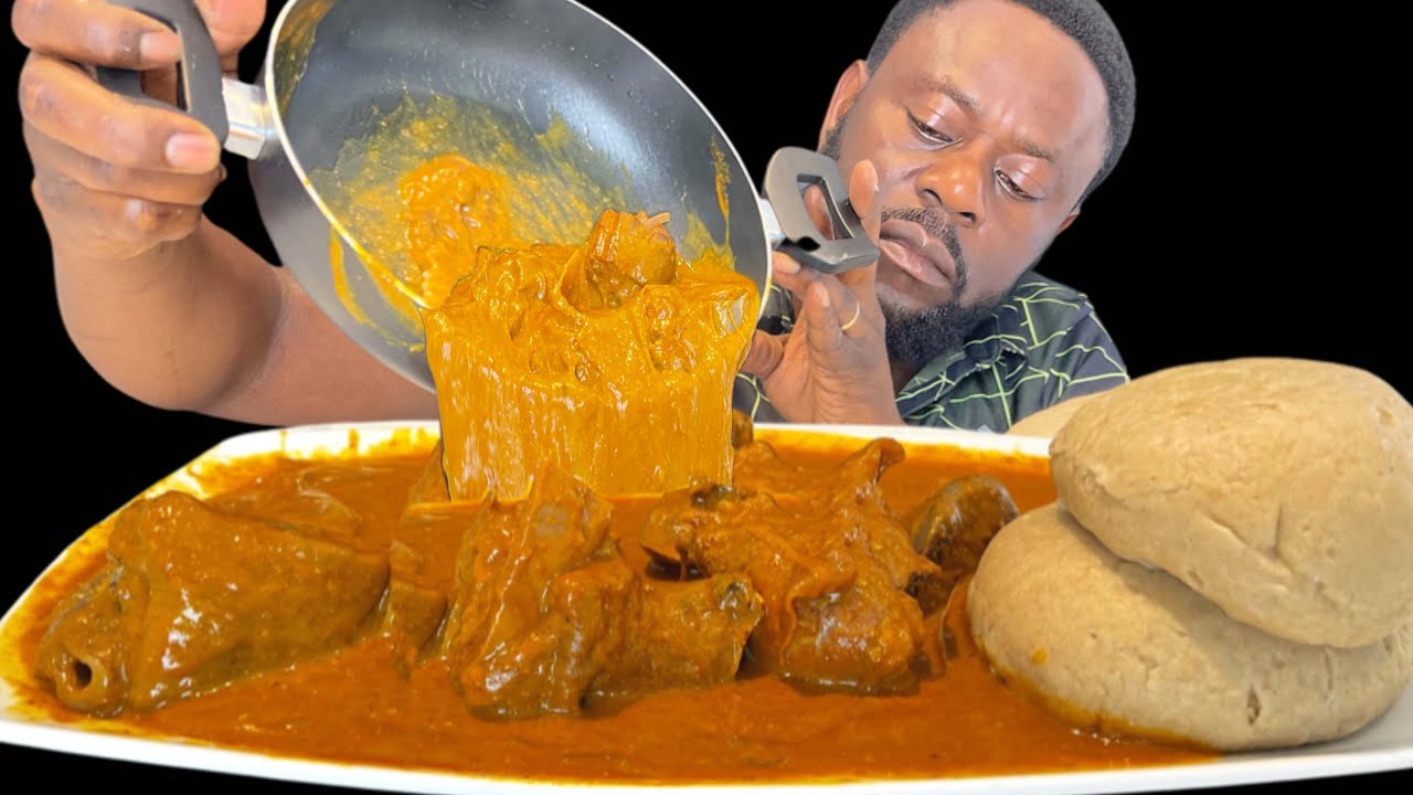 ASMR FUFU WITH OGBONO SOUP & GOAT MEAT, CHICKEN | AFRICAN FOOD (SATISFYING SOUND)