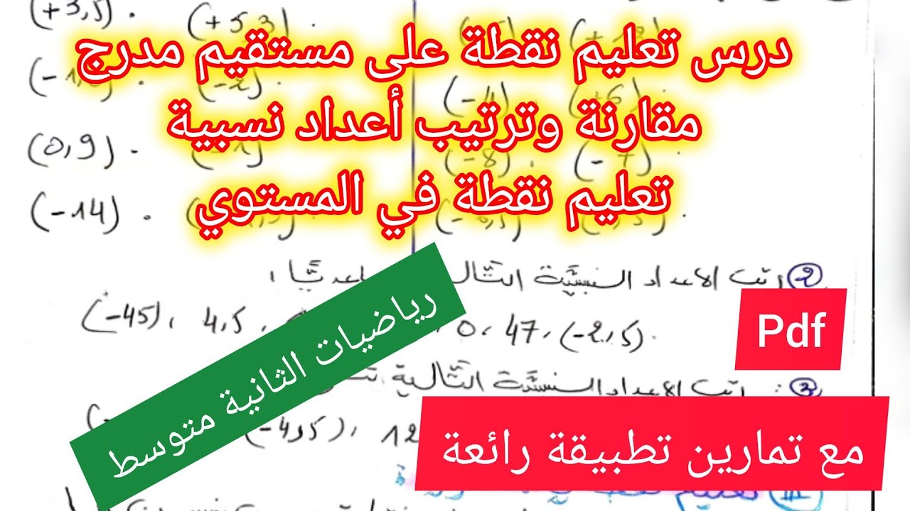 درس تعليم نقطة على المستقيم المدرج ومقارنة وترتيب الأعداد النسبية رياضيات الثانية متوسط