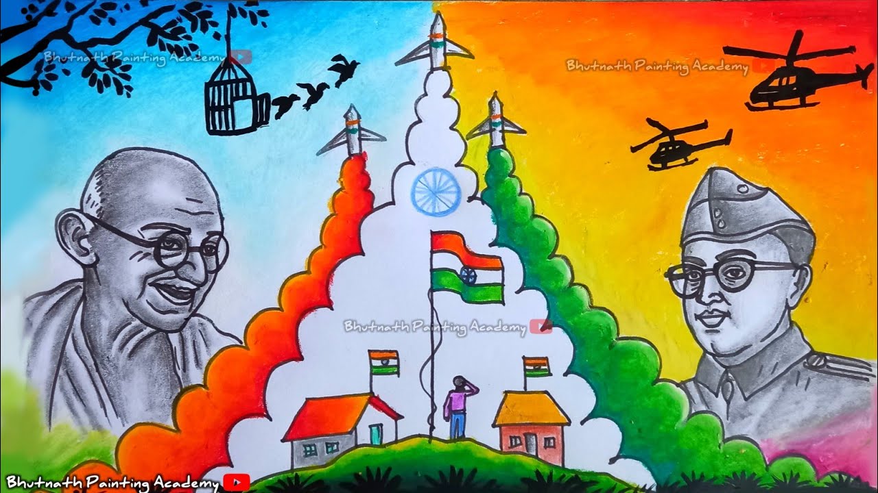 independence day drawing with freedom fighters||Har Ghar tiranga drawing||Gandhi drawing||netaji