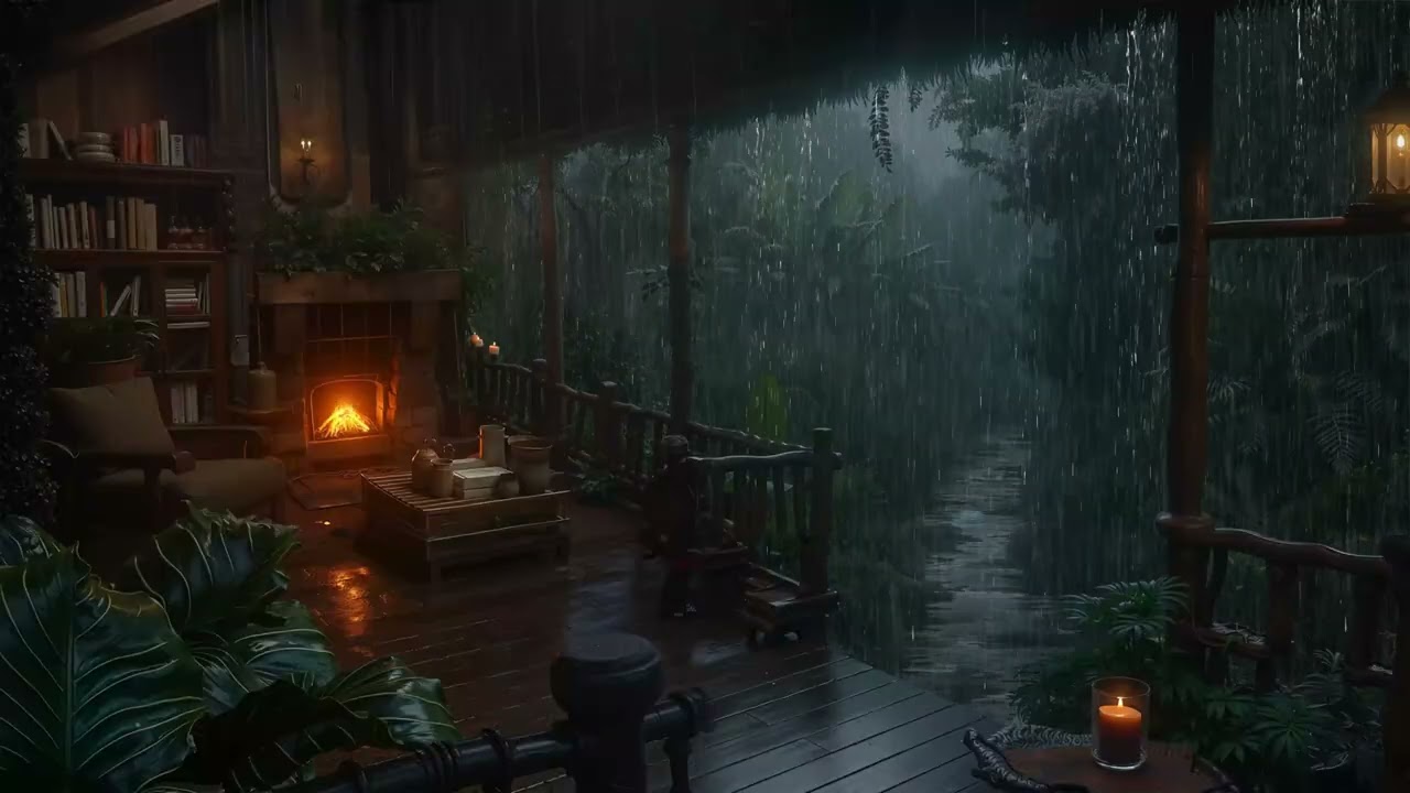 Gentle Rain on a Cozy Cabin in the Forest | Fireplace Ambience for Deep Relaxation