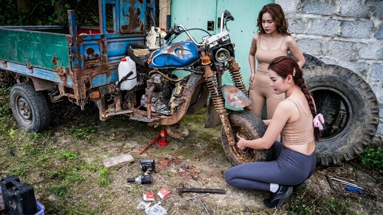 This woman has completely restored an old, rusty, and abandoned three-wheeled vehicle