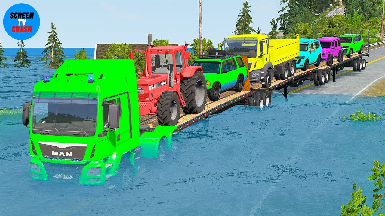 Triple Flatbed Trailer McQueen Transportation with Truck | Speedbumps vs Cars vs Train | BeamNG #05