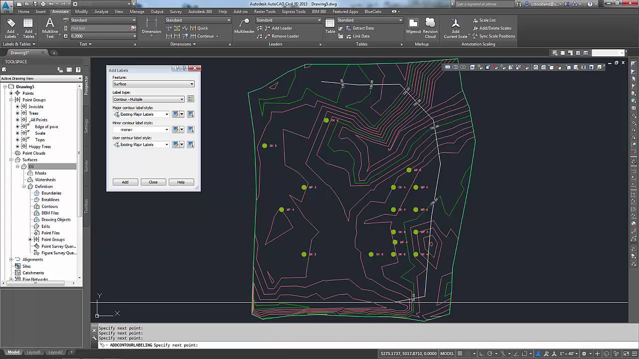 Civil 3D - Adding surface labels and adjusting point groups in a surface