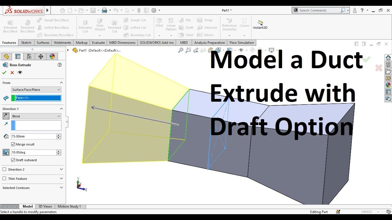 Solidworks tips & tutorials | Model a duct | Extrude with draft option