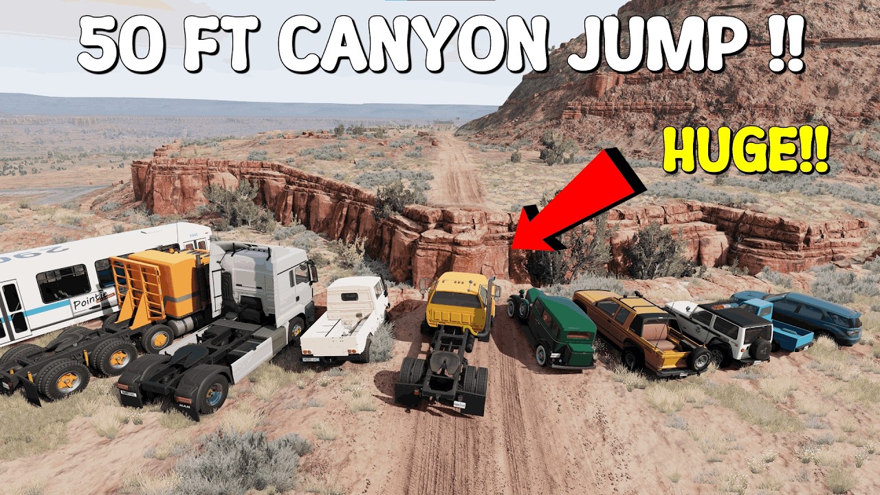 5 TRUCKS AND 5 CARS VS ONE HUGE CANYON JUMP!! | BeamNG.Drive Cinematic