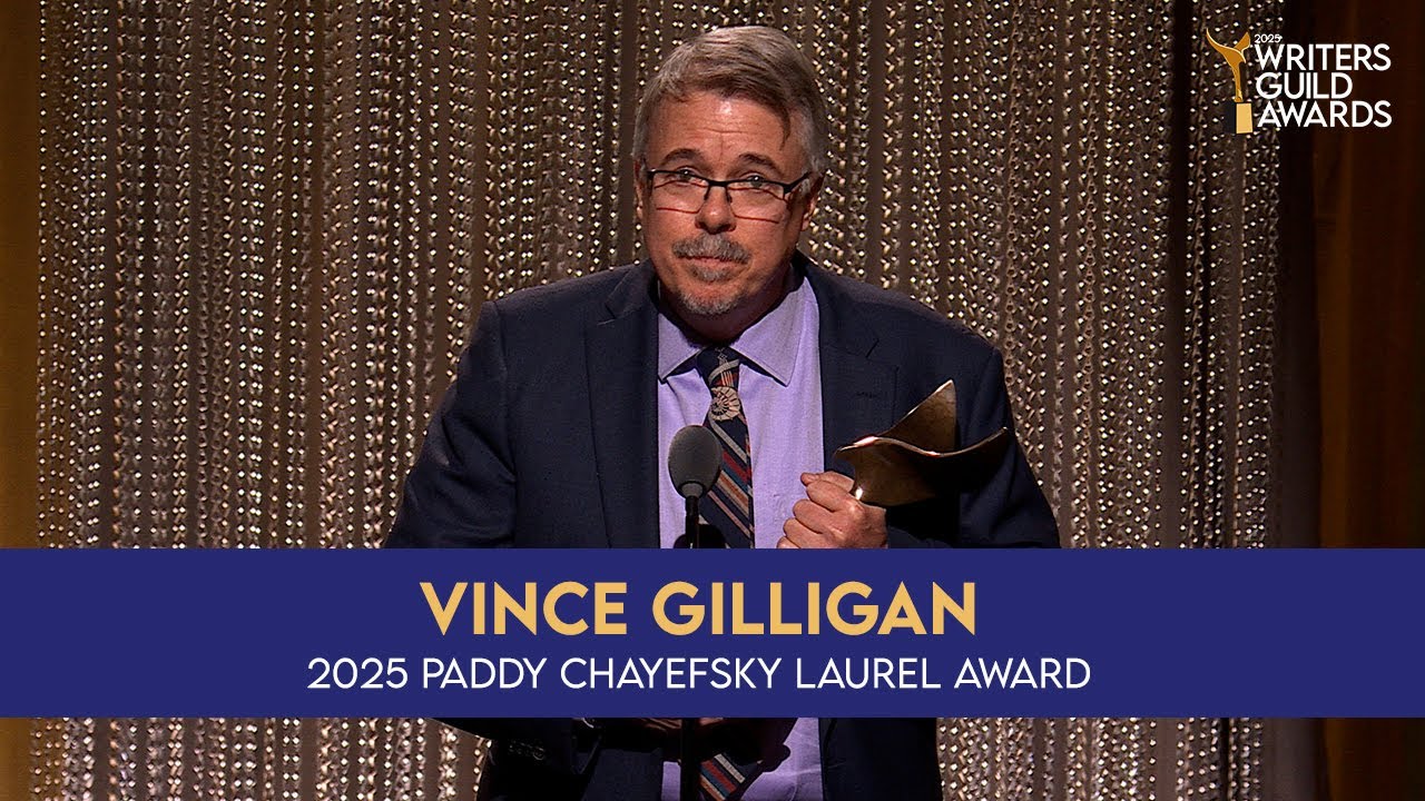 Better Call Saul's Rhea Seehorn presents the 2025 Paddy Chayefsky Laurel Award to Vince Gilligan