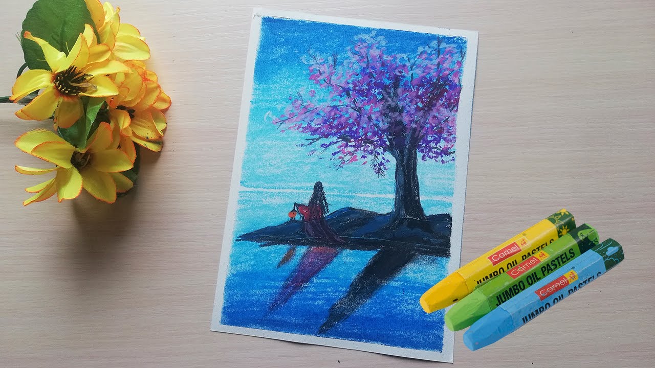 Easy Painting Tutorial ||  Blossom Scenery Paintings with Oil Pastel