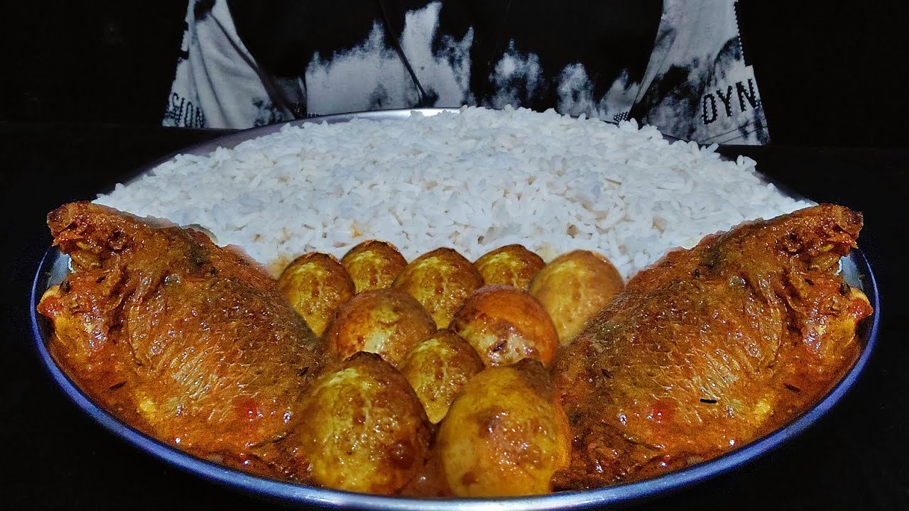 Big Bite,Eating whole big fish curry, spicy egg curry eating, Rice,big fish curry and rice eating 