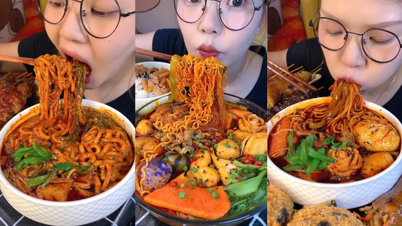 Giant Spicy Noodles & Grilled Skewers Mukbang ASMR