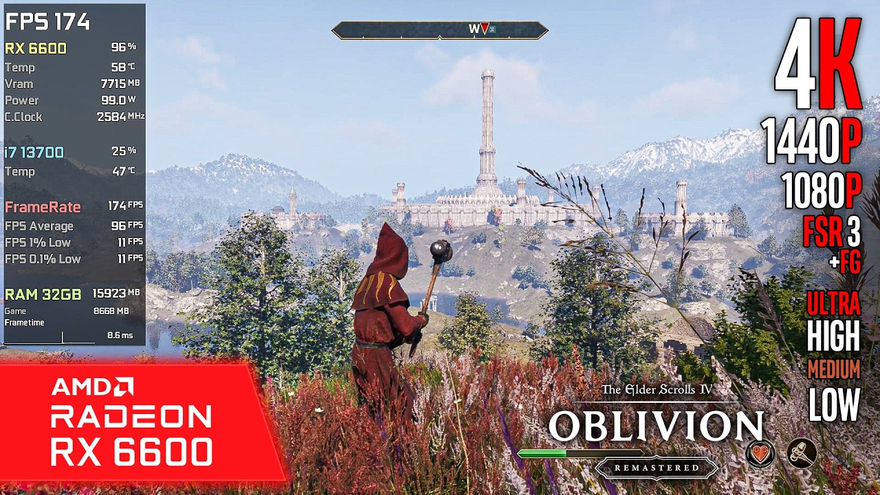 RX 6600 | The Elder Scrolls IV: Oblivion Remastered - 4K, 1440p, 1080p, FSR3 + FG - Ultra, High, Med