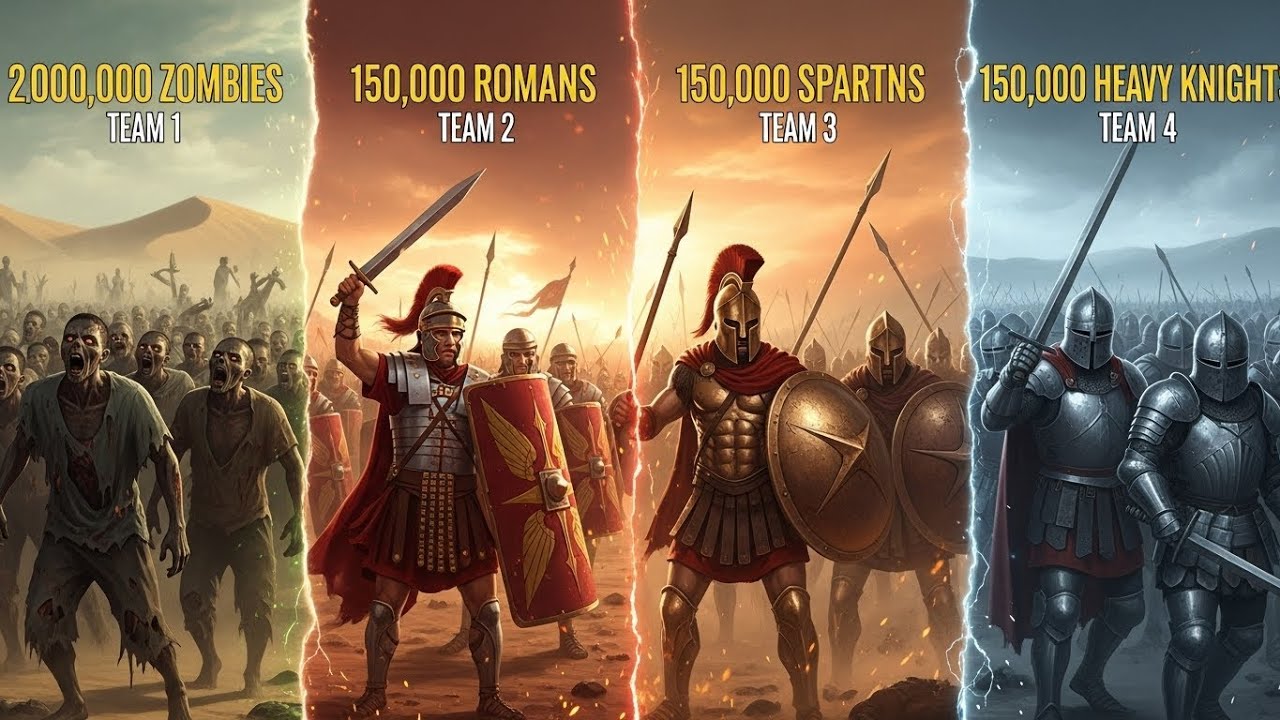 2,000,000 Zombies vs 150,000 Roman Soldiers vs 150,000 Spartans vs 150,000 Heavy Knights⚔️🧟🔥