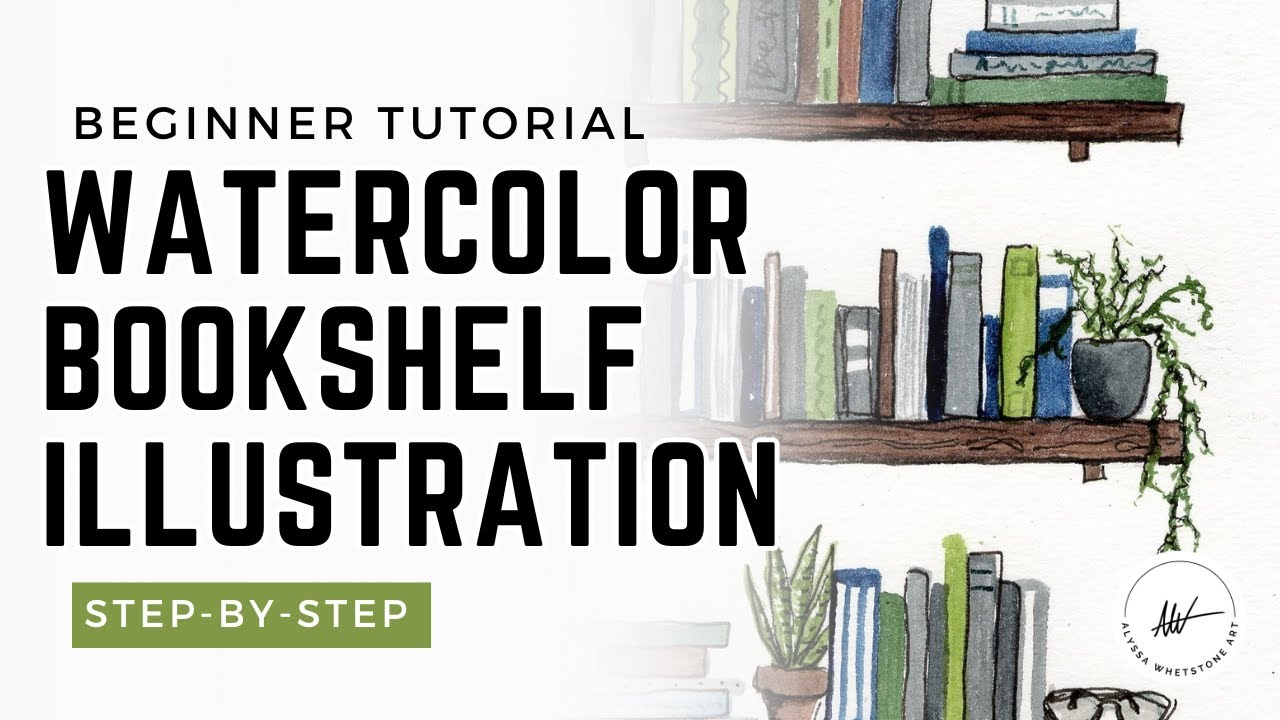 Bookshelf Illustration - How to paint an easy book nook scene - Easy Watercolor Tutorial