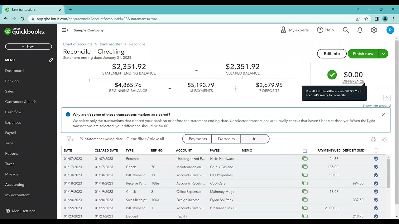 Как выполнить сверку расчетного счета в QuickBooks Online — Уровень 1