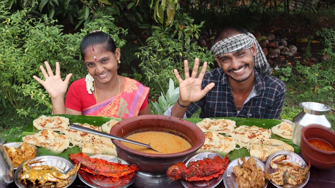 unlimited parotta fish fry and Crab Masala with chicken eating show in my village