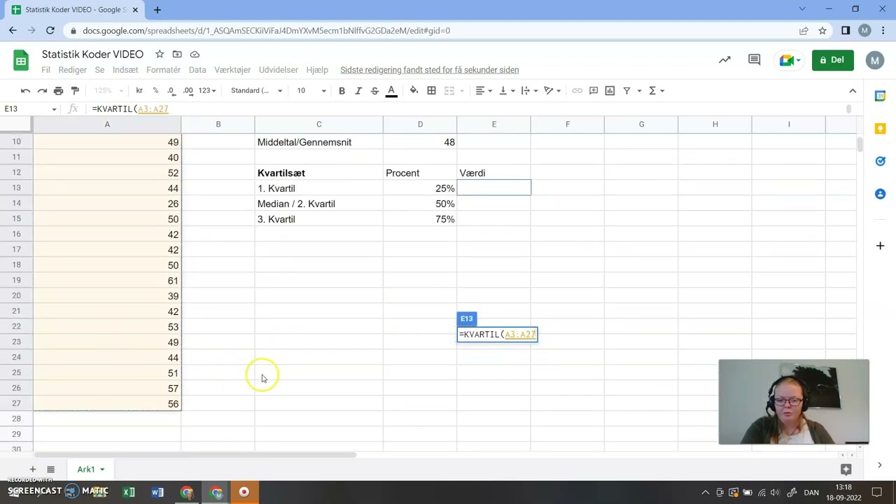 Statistik i Google Sheet: Kvartilsæt