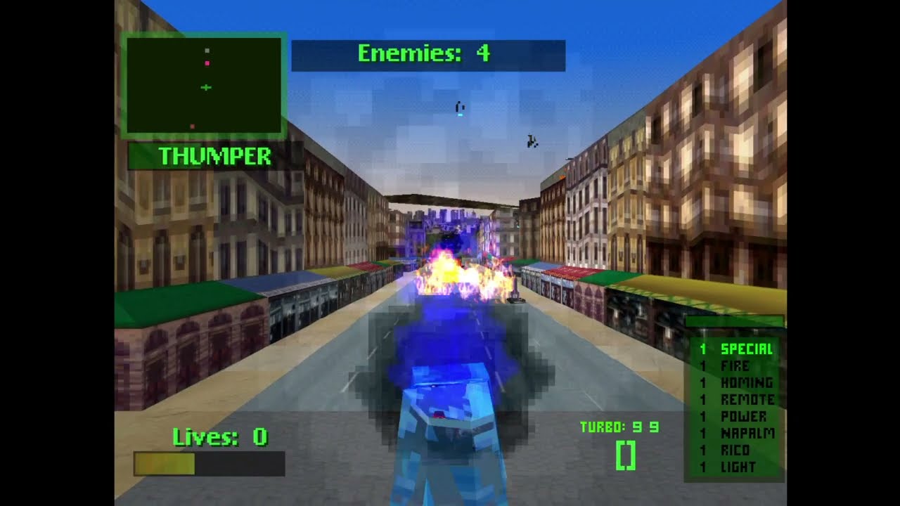 Twisted Metal 2 / Challenge match: Paris / Mr. Grimm (Infinite Weapons, Homing Napalm)