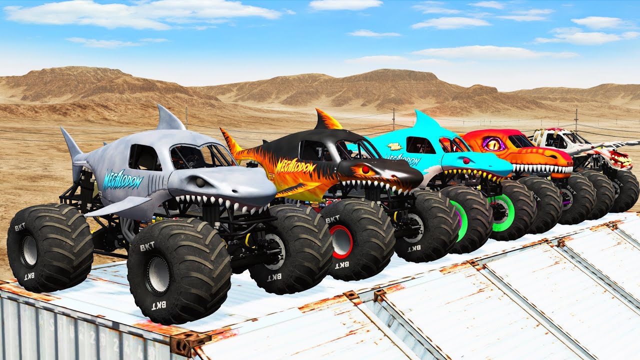 Big Monster Trucks Transport Triple Flatbed with Color Slide#
