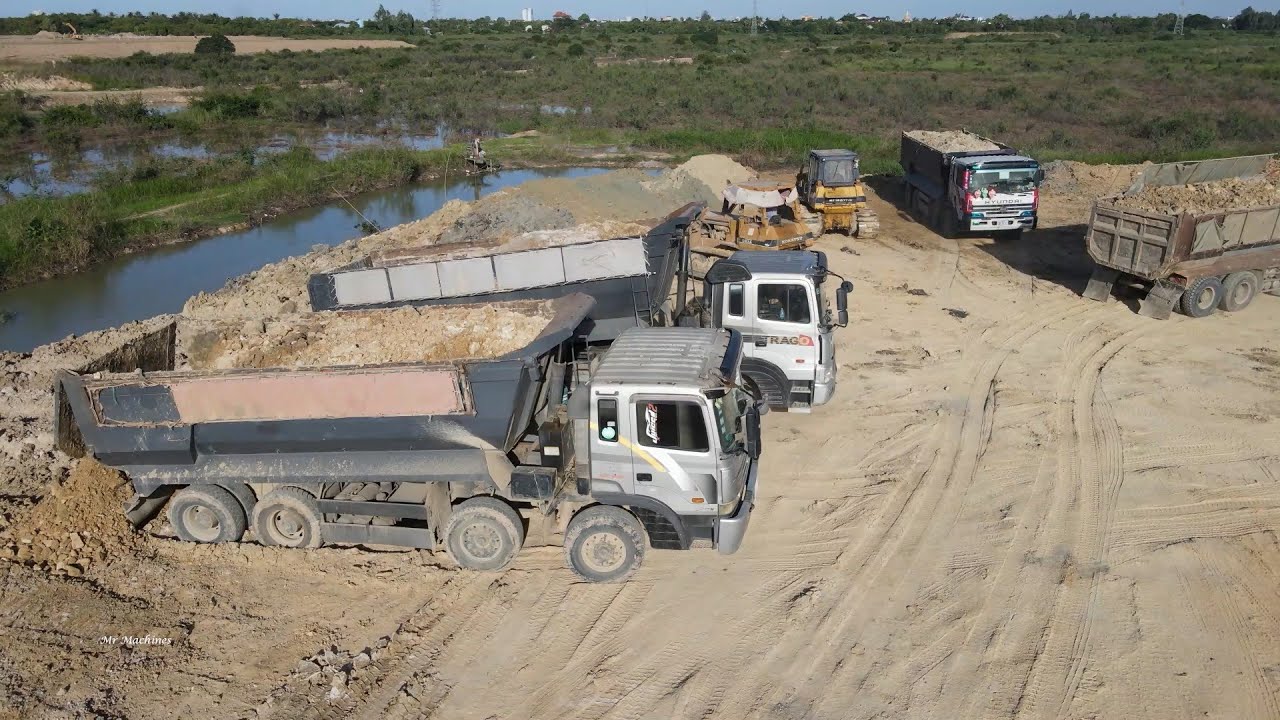 Great Processing Mighty Dump Truck Bulldozer Spreading Dirt Showing Best Activities at Work