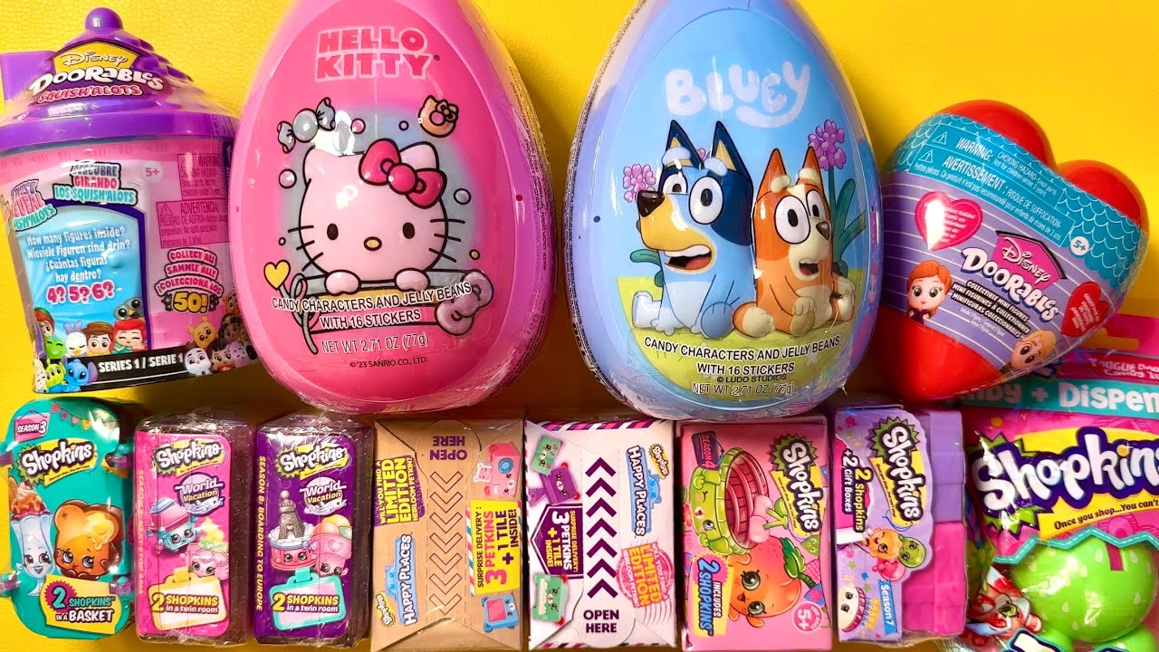 Asmr unboxing eggs! Hello Kitty, Bluey, shoppkings, Doorables