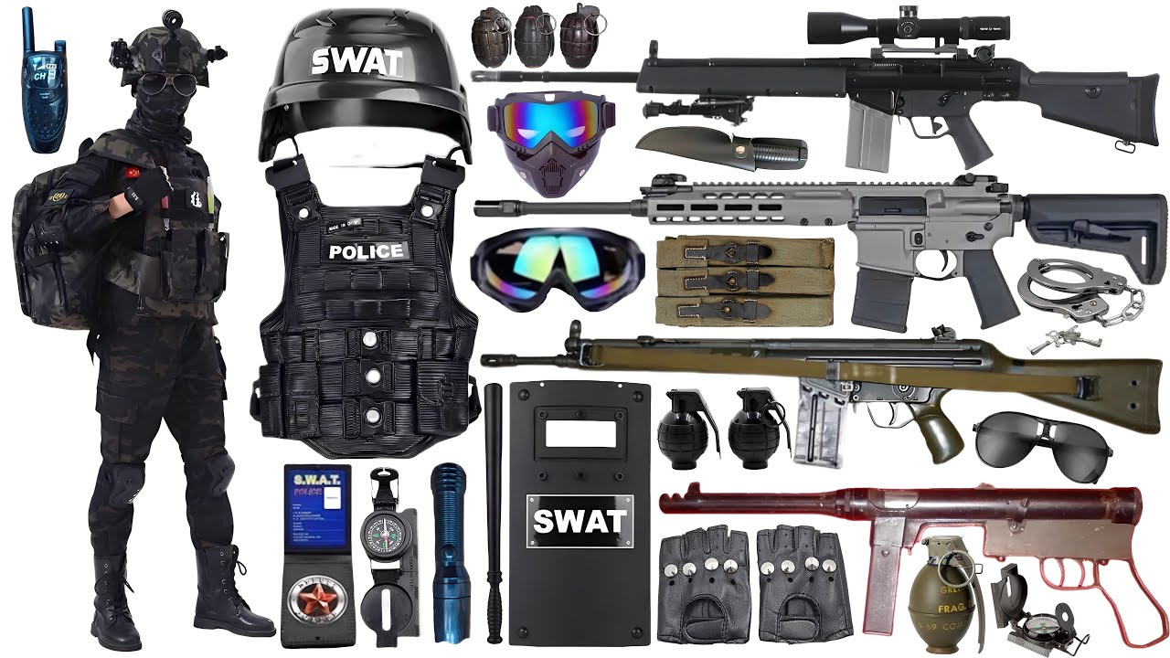 Special police weapon toy set unboxing,98K sniper rifle,MG36 machine gun,tactical helmet, Colt M1991