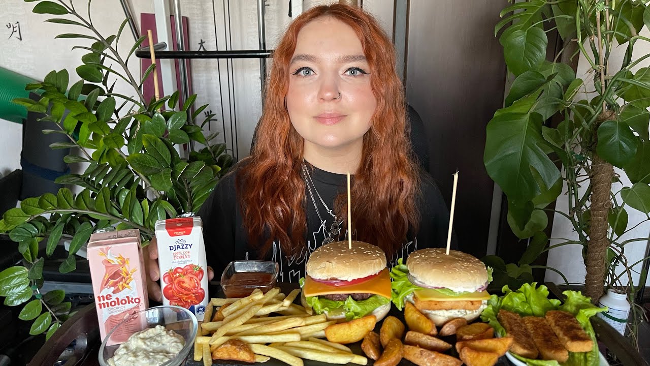 МУКБАНГ | Фишбургер, гамбургер, картошка | Mukbang | Vegan burgers 🍔