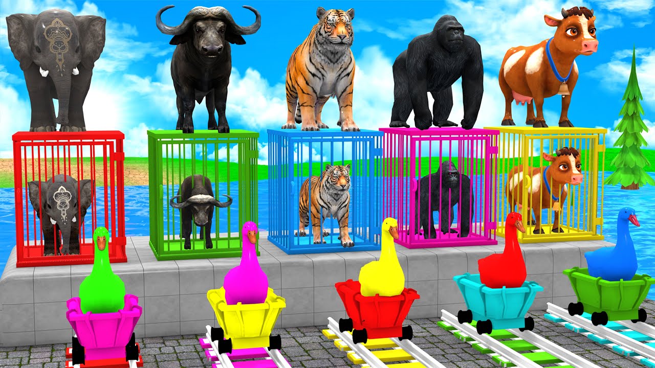 Kids Funny 3D Animal Game 🐯🦍 | Long Slide with Cow & Elephant