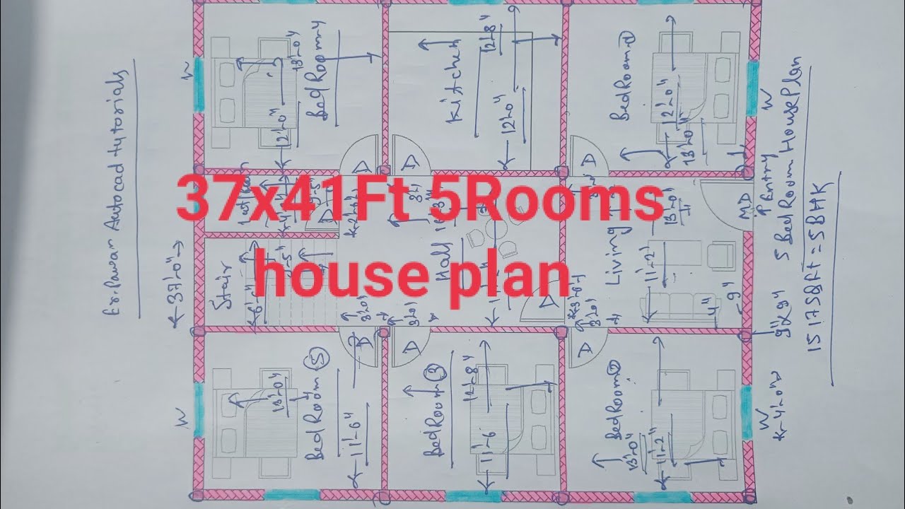 37x41 Ft . Village House Plan|| 5 Rooms house design|| 1517sqft ground floor plan