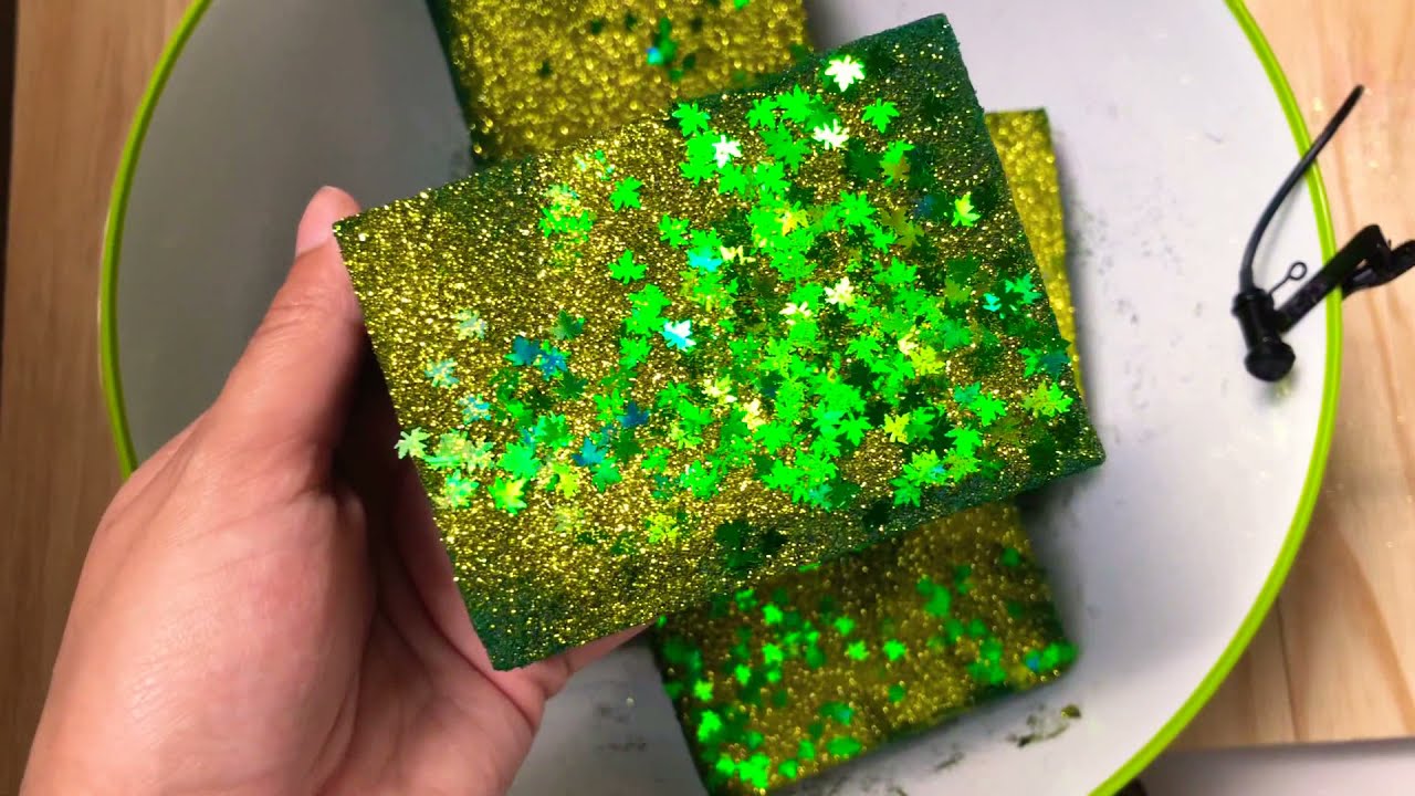 Soaked Foam Crushing With Green Glitter