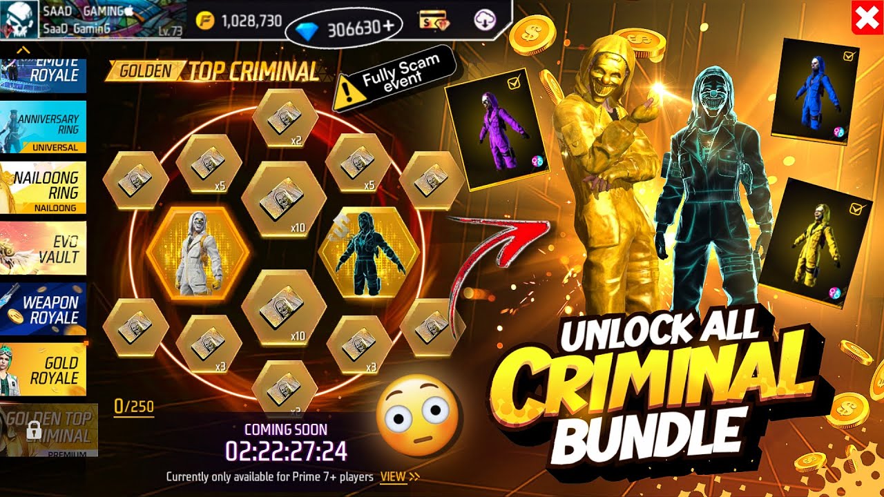 Golden Top Criminal Ring Event | Unlock Golden Criminal Bundle | Ff New Event | Free Fire New Event