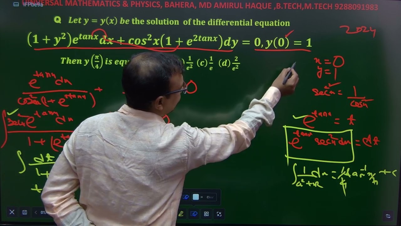 Let y = y(x) be the solution of differential equations (1+y^2)e^tanx dx + cos^2x (1+e^2tanx)dy= 0