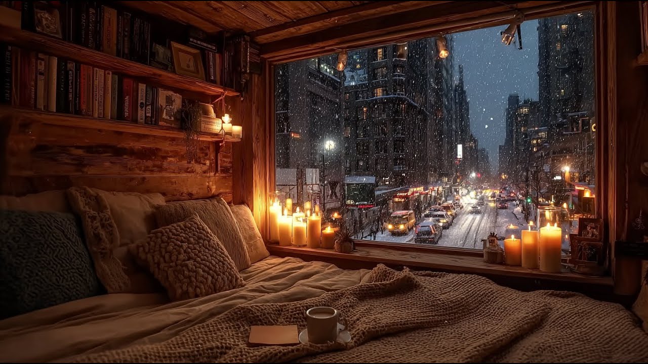 Cozy Winter Window Piano with Snowfall & Warm Candlelight Ambience for Relaxation, Study, Sleep