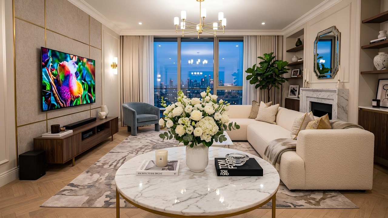 Modern Luxury Living Room Interior With Plush Sofa, Marble Coffee Table and City Night View