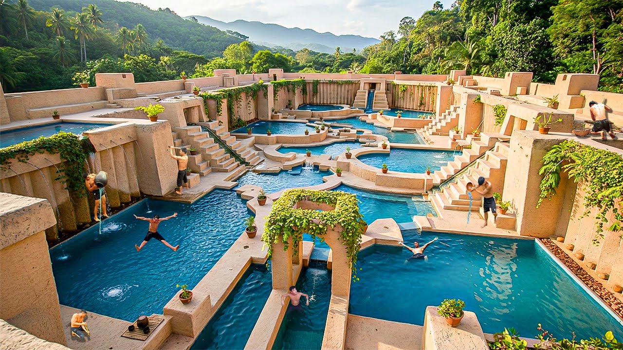 Building an Underground Clay Waterpark with Multi Level Pools in The Jungle Using Primitive Tools
