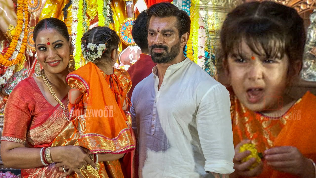 Bipasha Basu with Daughter DEVI and Husband Karan Singh Grover arrives at North Bombay Durga Puja