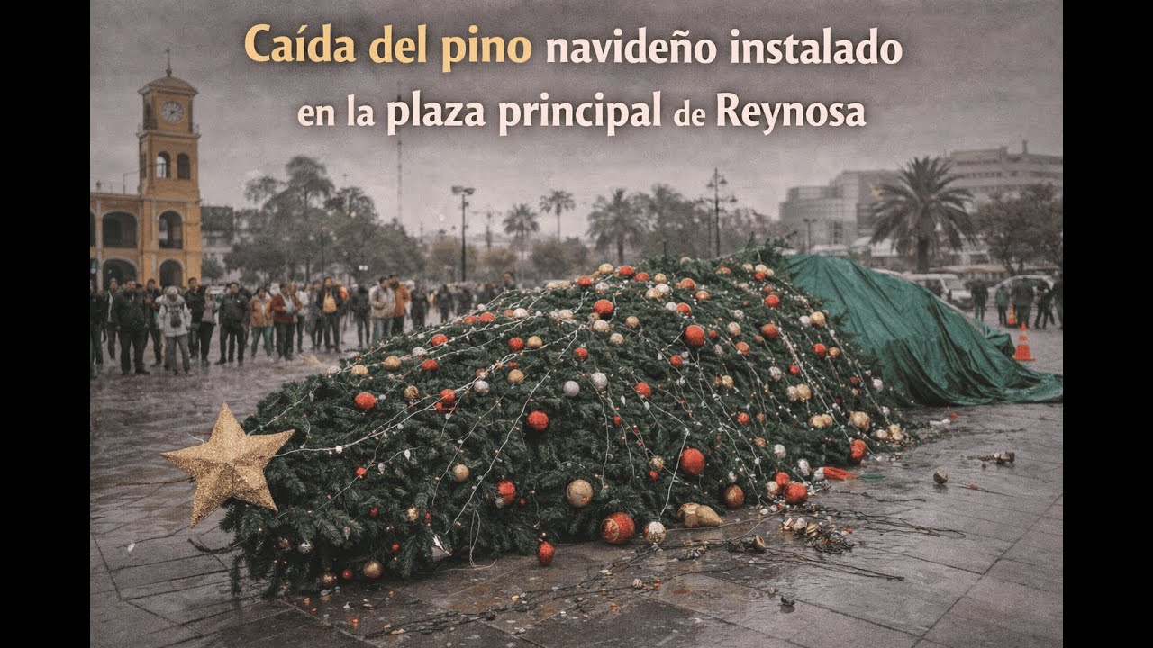 Fuertes vientos derriban el pino navideño en Reynosa