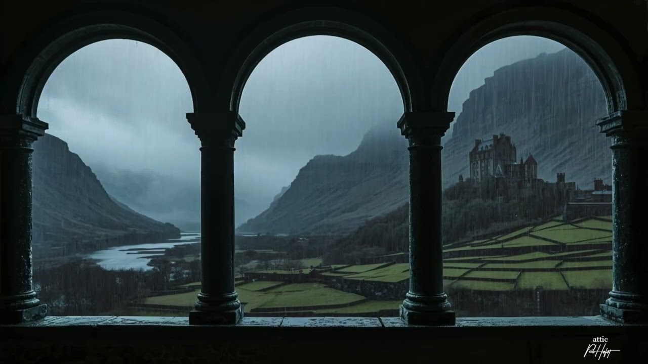 relaxing piano & rain | medieval castle window view for reading, studying, relaxing