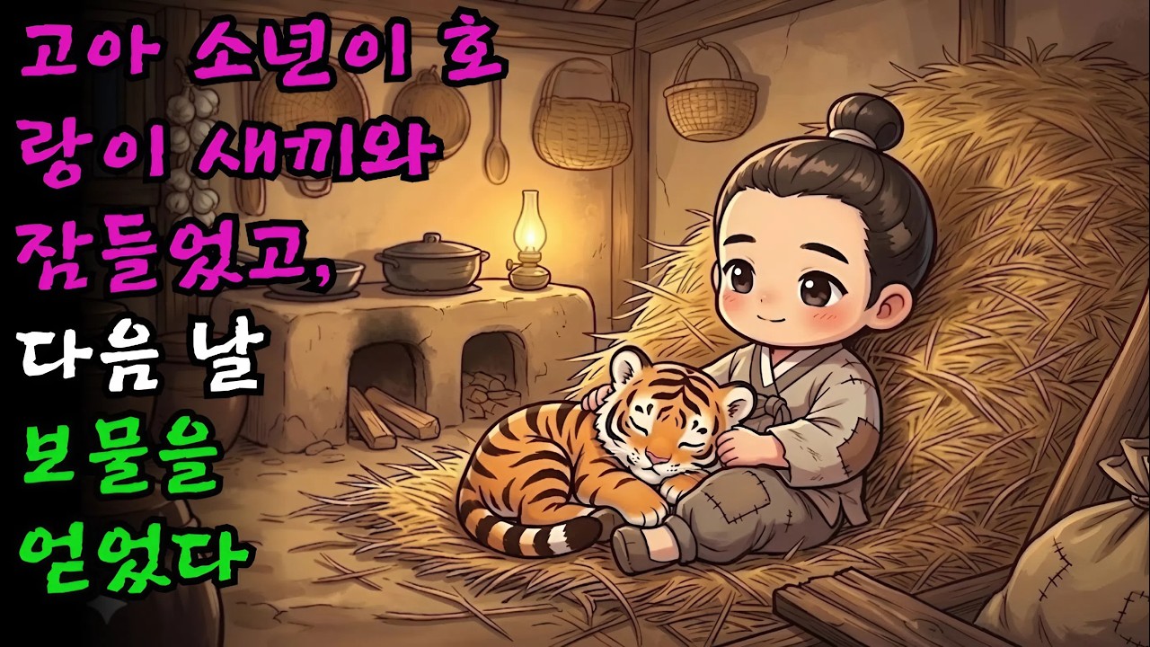 추위를 피하려고 고아 소년이 호랑이 새끼를 안고 짚더미 속에서 잠들었는데, 다음 날 아침 눈을 뜨자 인생을 바꿀 보물을 얻게 되었다