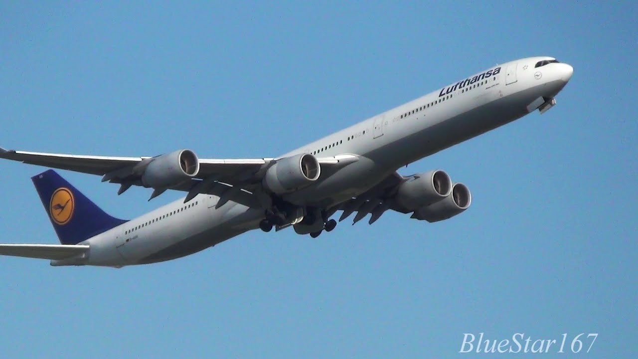 Lufthansa Airbus A340-600 (D-AIHX) takeoff from FRA/EDDF (Frankfurt - am Main) RWY 25C