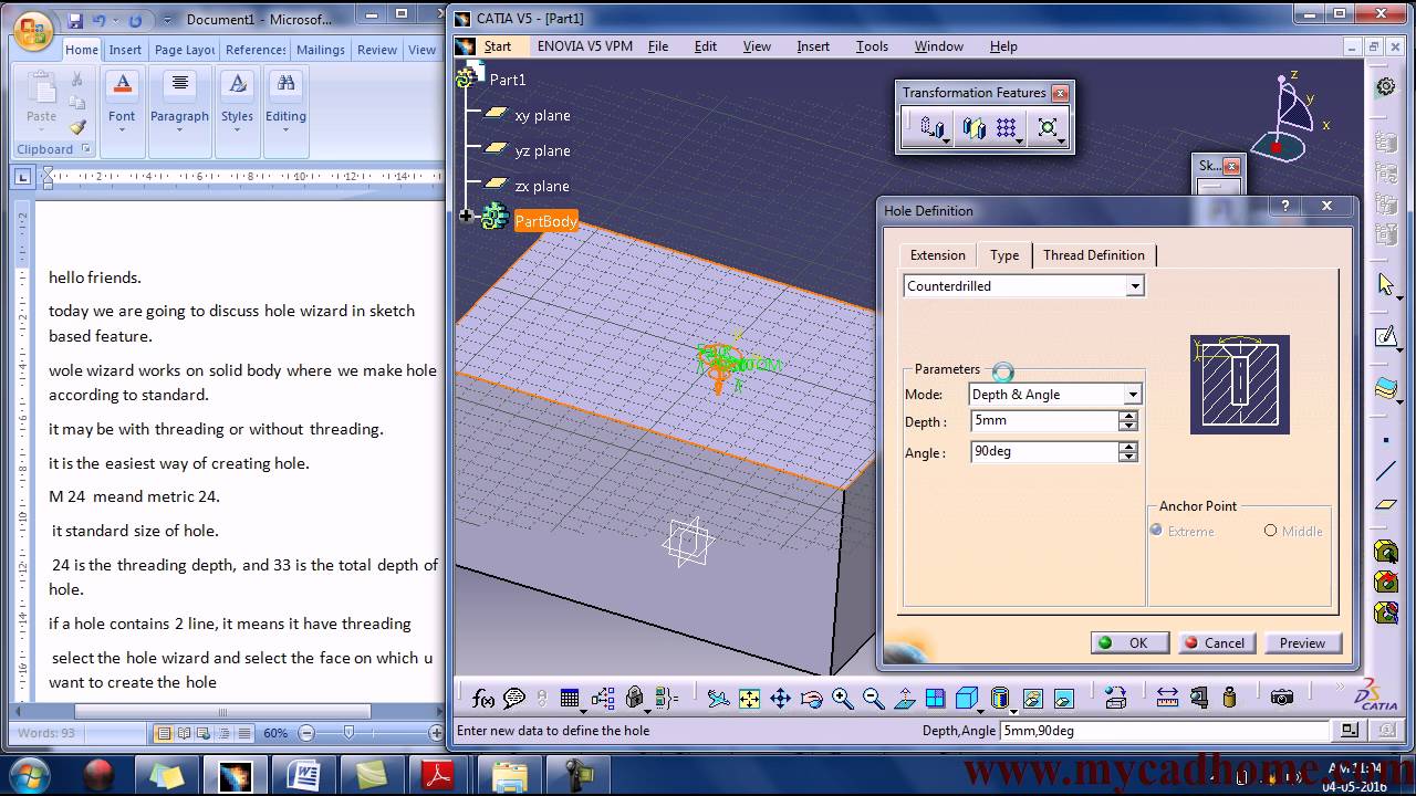 catia hole wizard in detail