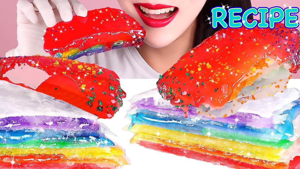 ASMR ❤️ HOW TO MAKE KOHAKUTO HONEY JELLY CRAPE CAKE, 무지개 코하쿠토 꿀젤리 크레이프 케이크 만들기 먹방 RECIPE MUKBANG