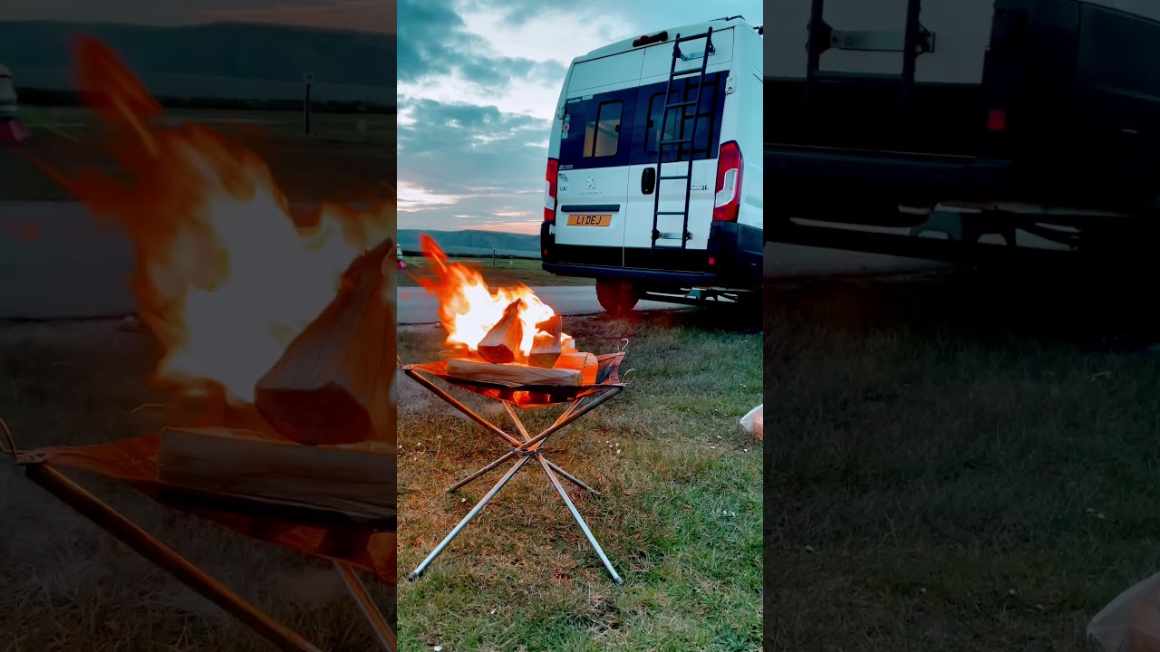 Finally sunset and fire pit season #vanlife #selfconvertedvan #summervibes #vanconversion #camper