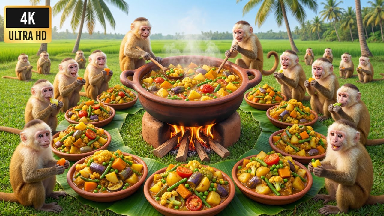 बंदरों का सब्जी बनाने का देसी तरीका ❤️🐒 | Smart Monkeys Making Huge Mix Veg Feast