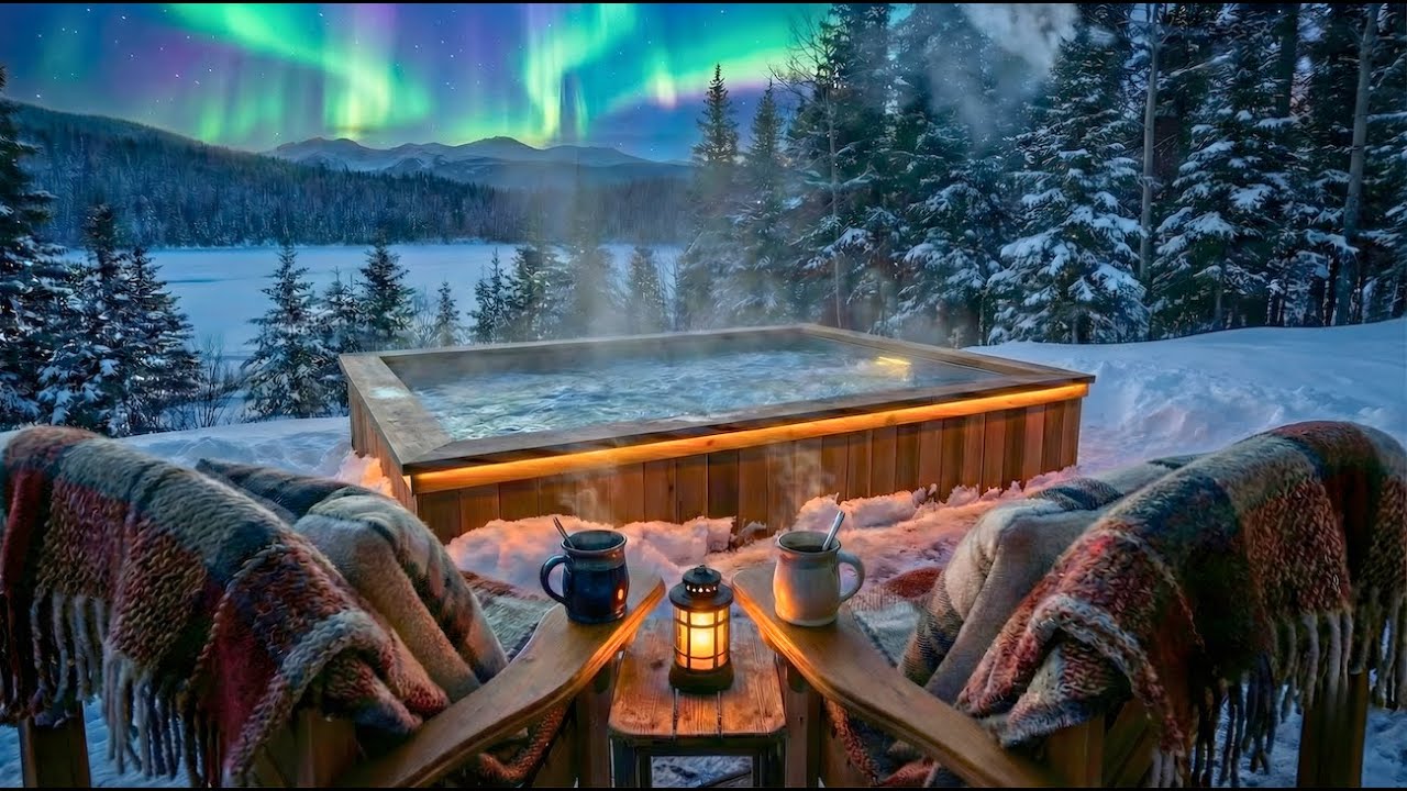 ❄️ Cozy Winter Ambience with Northern Lights: Relaxing Music & Warm Jacuzzi for Stress Relief 🧖‍♀️